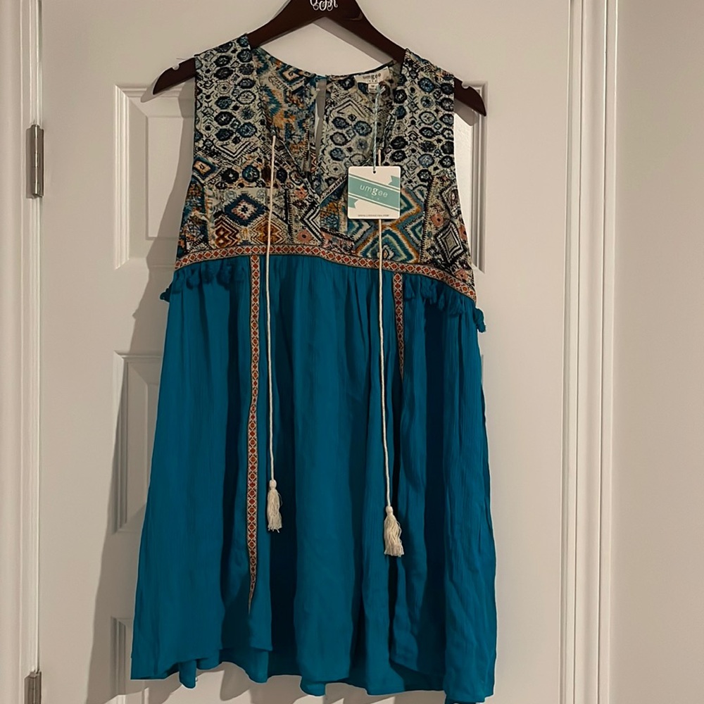 NWT Umgee blue boho western patterned tunic sleeveless blouse